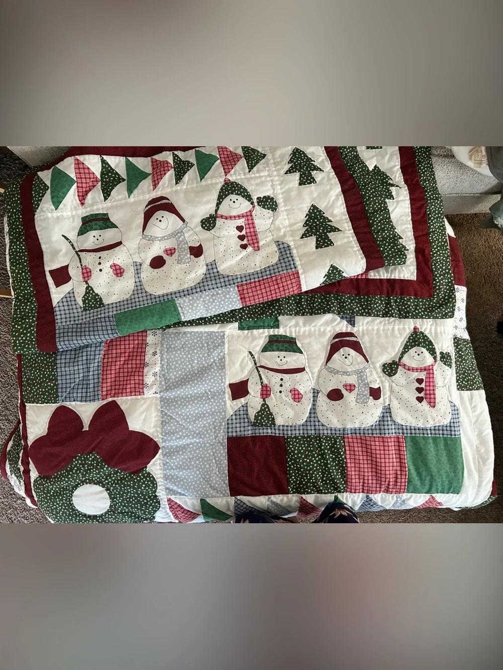 Quilt, Christmas Queen Snowman Patchwork Quilt With 2 Pillow Shams Vtg